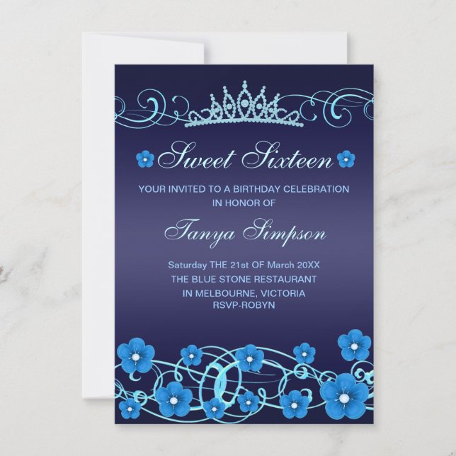 Invitation anniversaire 16 ans Fleur & Tiare Bleue (Devant)