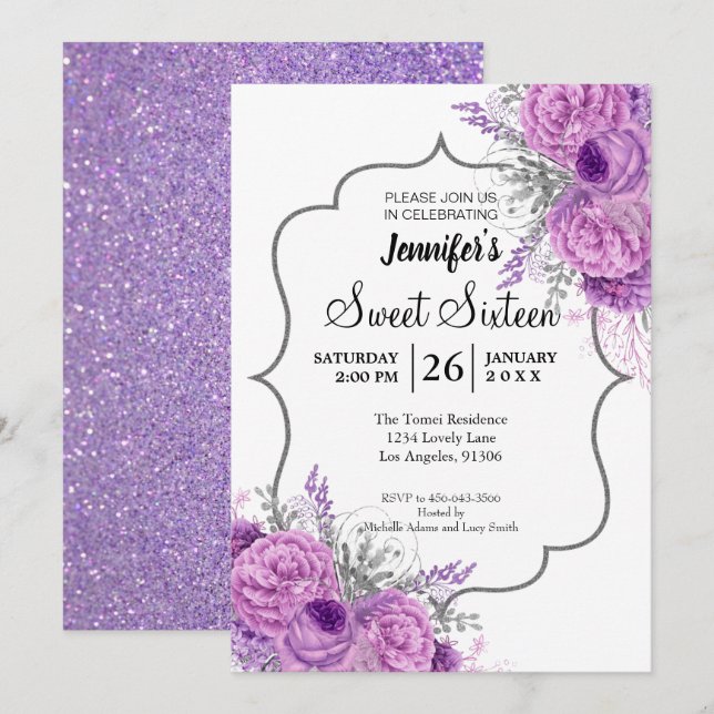 Invitation anniversaire 16 ans Fleur violette Pail (Devant / Derrière)