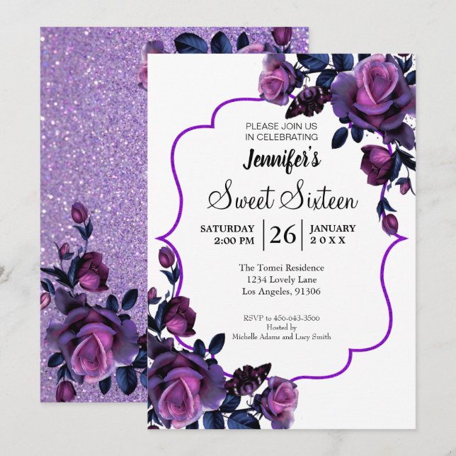 Invitation anniversaire 16 ans Fleur violette Pail (Devant / Derrière)