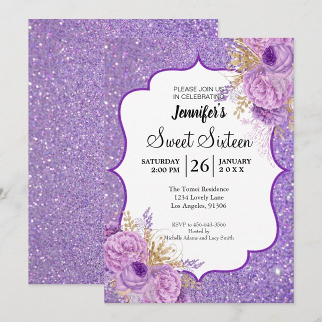 Invitation anniversaire 16 ans Fleur violette Pail (Devant / Derrière)