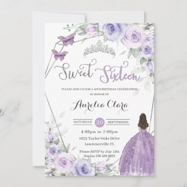 Invitation Anniversaire 16 ans Fleur Violette Princesse Argen (Devant)