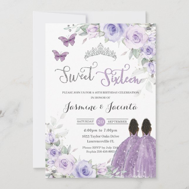 Invitation Anniversaire 16 ans Fleurs Violettes Princesses Ma (Devant)