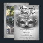 Invitation Anniversaire 16 ans Mascarade d'Argent Photo<br><div class="desc">Personnalisez comme vous le souhaitez.

Remplacez la photo au dos par votre propre photo ou supprimez la photo complètement.</div>