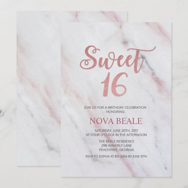 Invitation anniversaire 16 ans moderne marbre Swee (Devant / Derrière)