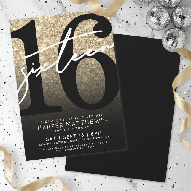 Invitation Anniversaire 16 ans Paillettes Or (Gold Glitter 16th Birthday Invitation )