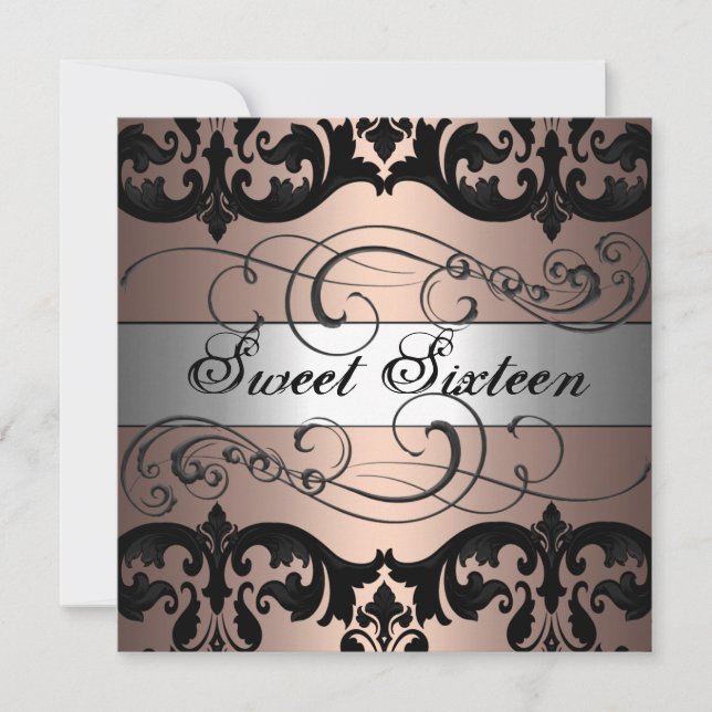 Invitation anniversaire 16 ans Peach/Silver Damask (Devant)