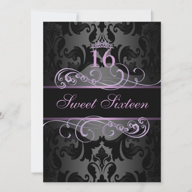 Invitation anniversaire 16 ans Purple Swirl Damask (Devant)