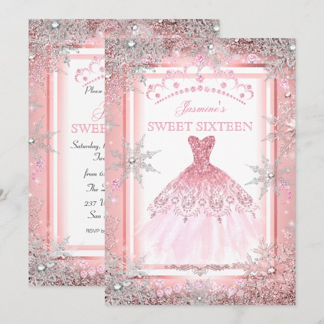 Invitation Anniversaire 16 ans Rose Argent Noël Hiver (Devant / Derrière)
