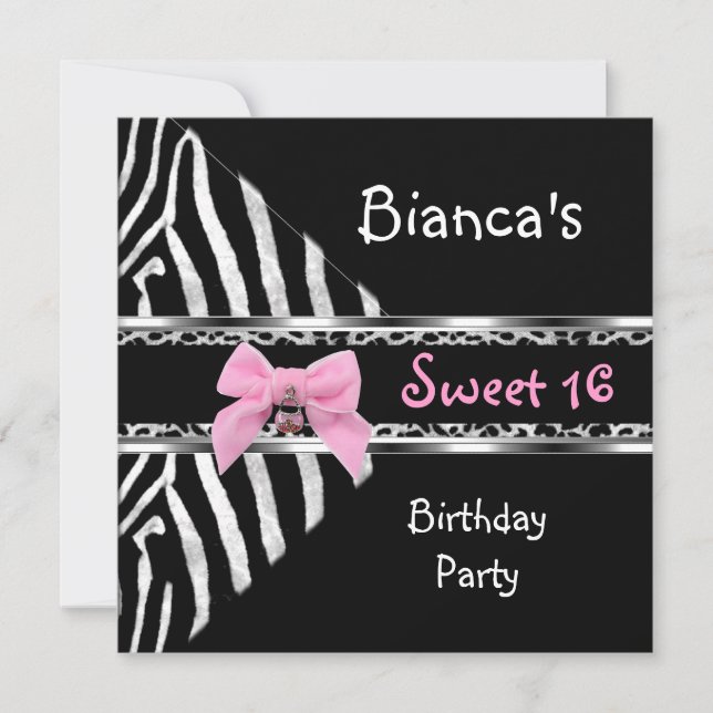 Invitation Anniversaire 16 ans Rose Argent Noir Zèbre Léopard (Devant)