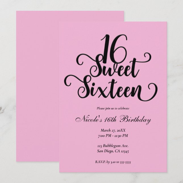 Invitation Anniversaire 16 ans Rose et Noir Bubblegum Douce F (Devant / Derrière)