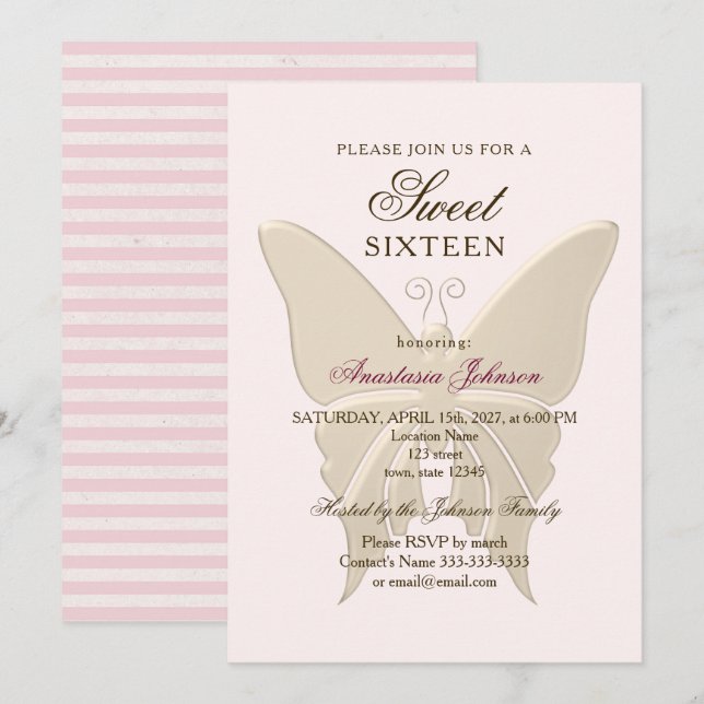 Invitation anniversaire 16 ans rose poudré moderne (Devant / Derrière)