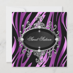 Invitation Anniversaire 16 ans Rose Violet Zèbre Rayure Noire