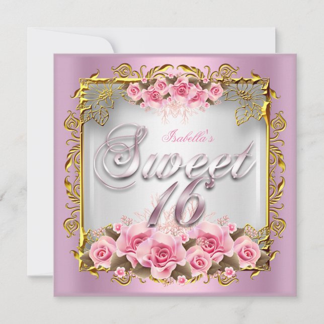 Invitation Anniversaire 16 ans Roses Roses blanches Or blanc  (Devant)