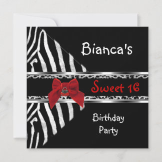 Invitation Anniversaire 16 ans Rouge Argent Noir Zèbre Léopar