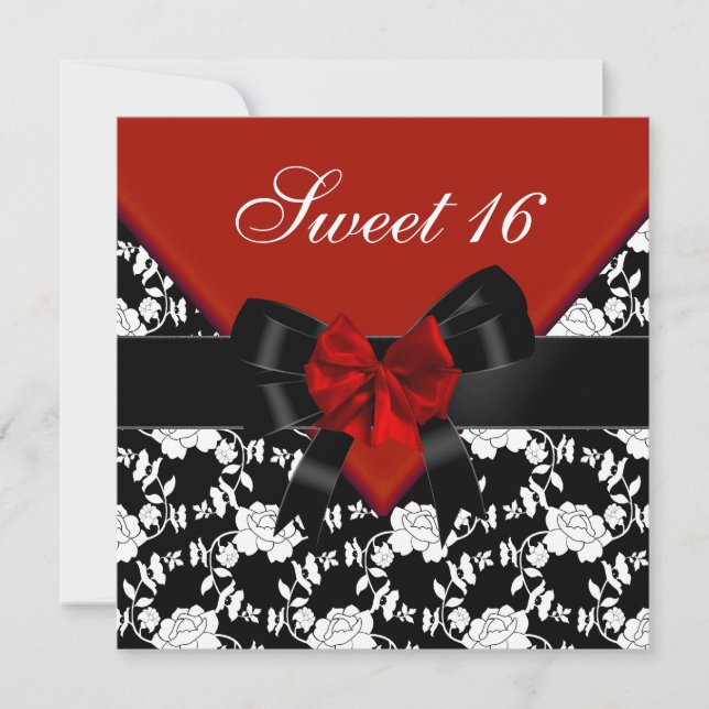 Invitation Anniversaire 16 ans Rouge Noir Blanc Fleur Bow (Devant)