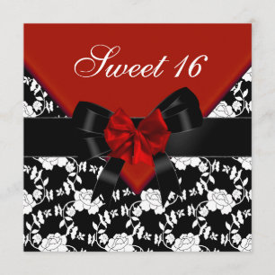Invitation Anniversaire 16 ans Rouge Noir Blanc Fleur Bow
