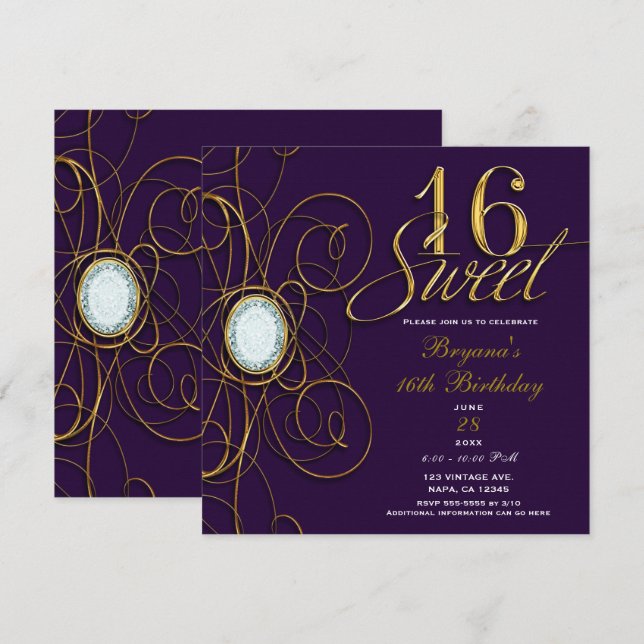 Invitation Anniversaire 16 Ans Royale Violet & Or  (Devant / Derrière)