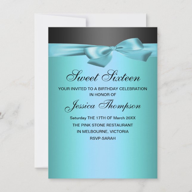 Invitation anniversaire 16 ans ruban bleu et noir  (Devant)