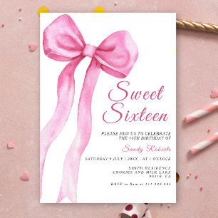 Invitation Anniversaire 16 Ans Ruban Rose Aquarell