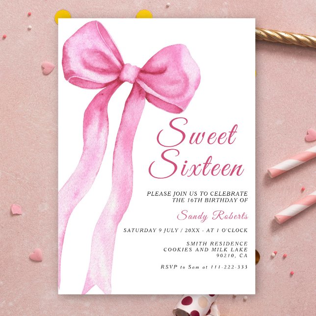 Invitation Anniversaire 16 Ans Ruban Rose Aquarell (Créateur téléchargé)