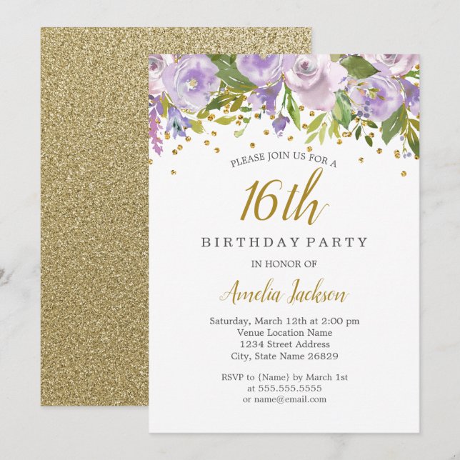 Invitation anniversaire 16 ans Sparkle Floral Purp (Devant / Derrière)