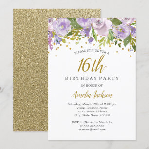 Invitation anniversaire 16 ans Sparkle Floral Purp