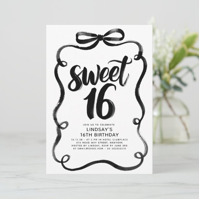 Invitation Anniversaire 16 ans sucré Black Bow Whimsical (Debout devant)