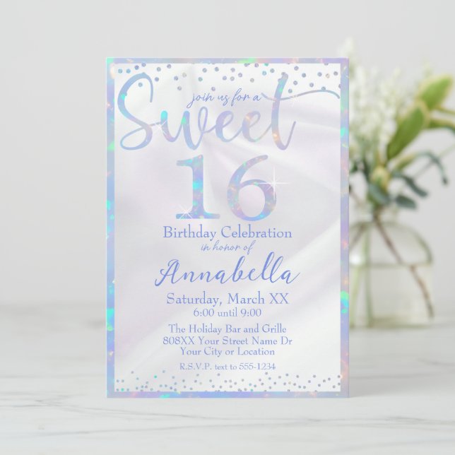 Invitation Anniversaire 16 ans Sucré Iridescent Opale Glamour (Debout devant)