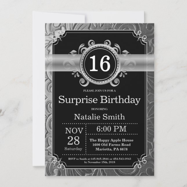 Invitation Anniversaire 16 ans surprise noir et paillettes ar (Devant)