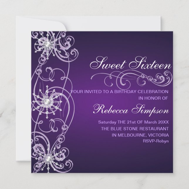 Invitation anniversaire 16 ans Sweet 16 flocon de  (Devant)
