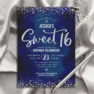 Invitation Anniversaire 16 ans Sweet 16 Navy Watercolor Scrip