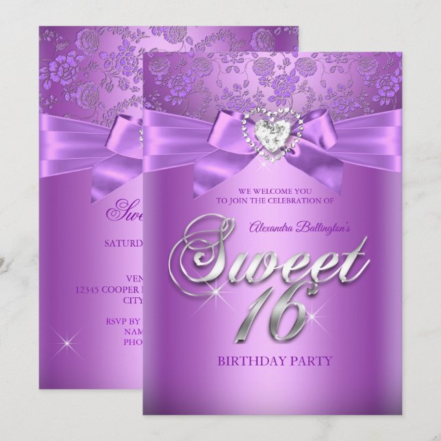 Invitation Anniversaire 16 ans Sweet 16 Violet Diamant Cœur L (Devant / Derrière)