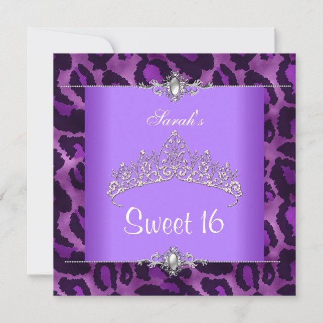 Invitation Anniversaire 16 ans Sweet 16 Violet Léopard Couron (Devant)