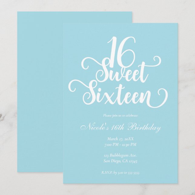 Invitation Anniversaire 16 ans Turquoise & Blanc Chic Fête d' (Devant / Derrière)