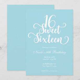 Invitation Anniversaire 16 ans Turquoise & Blanc Chic Fête d'