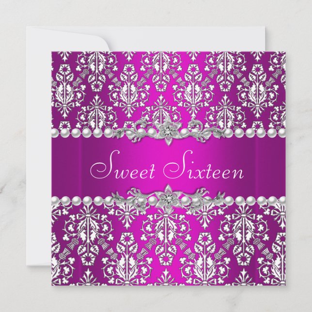 Invitation Anniversaire 16 ans Violet Rose Argent Blanc Dente (Devant)