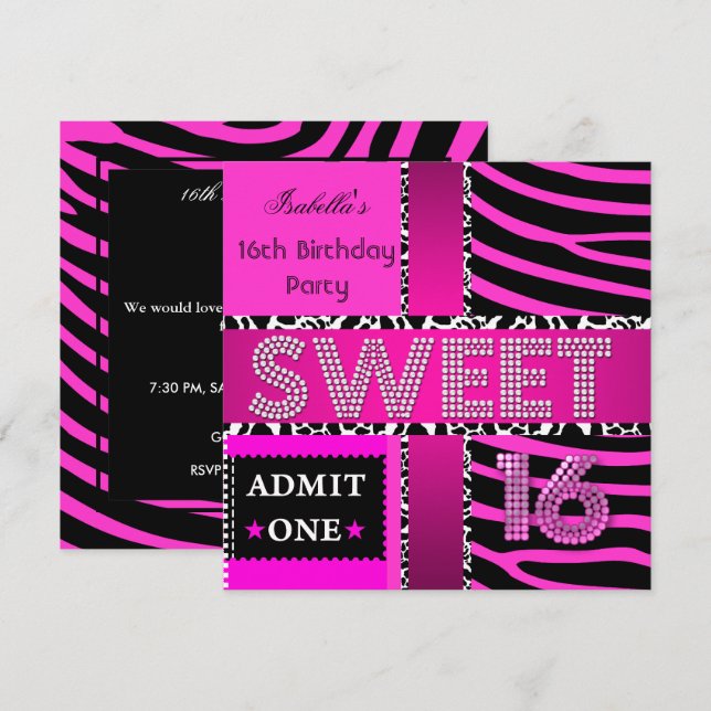Invitation Anniversaire 16 ans Zèbre Vache Rose Chaud Noir (Devant / Derrière)
