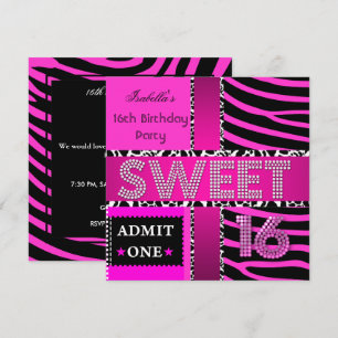 Invitation Anniversaire 16 ans Zèbre Vache Rose Noir
