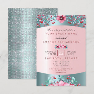 Invitation Anniversaire 16ème nuptiale Floral Rose Blue Water