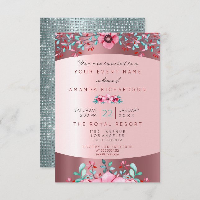 Invitation Anniversaire 16ème Rose Floral Rose Aqua (Devant / Derrière)