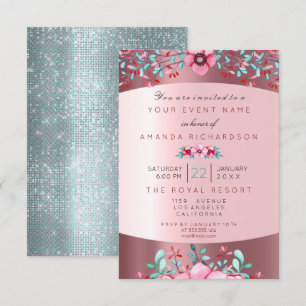 Invitation Anniversaire 16ème Rose Floral Rose Aqua