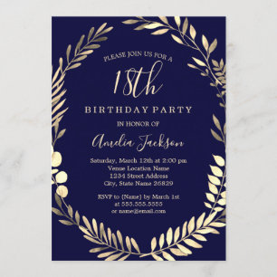 Invitation Anniversaire 18 Ans Aquarelle Bleu Marine Élégant