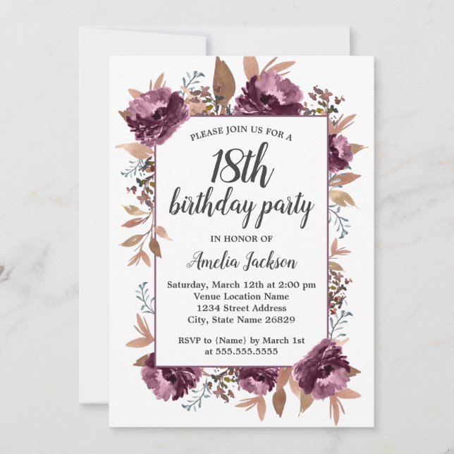 Invitation anniversaire 18 ans aquarelle Fleur vio (Devant)
