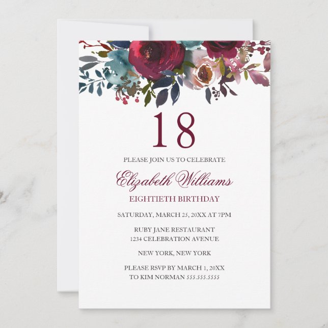 Invitation anniversaire 18 ans aquarelle florale B (Devant)