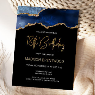 Invitation Anniversaire 18 Ans Bleu Agate Or