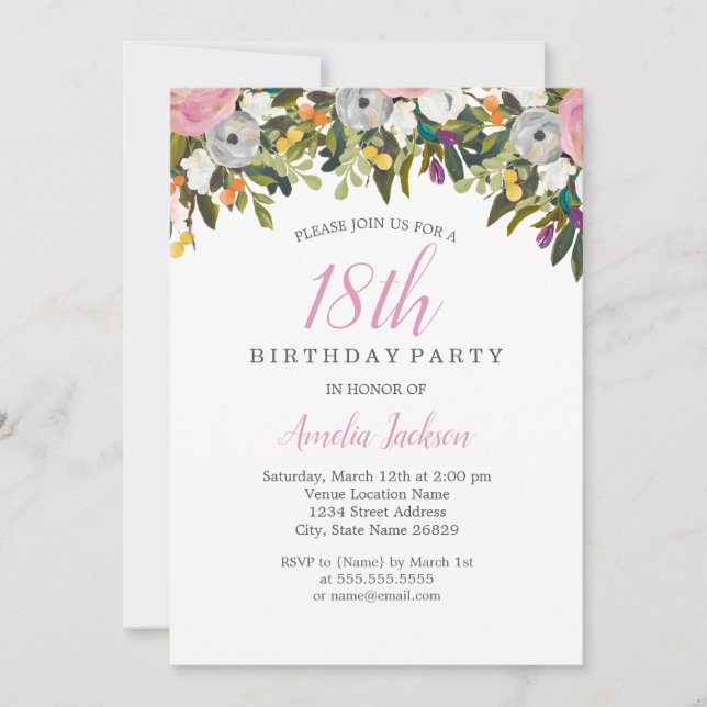 Invitation anniversaire 18 ans fleurs roses modern (Devant)