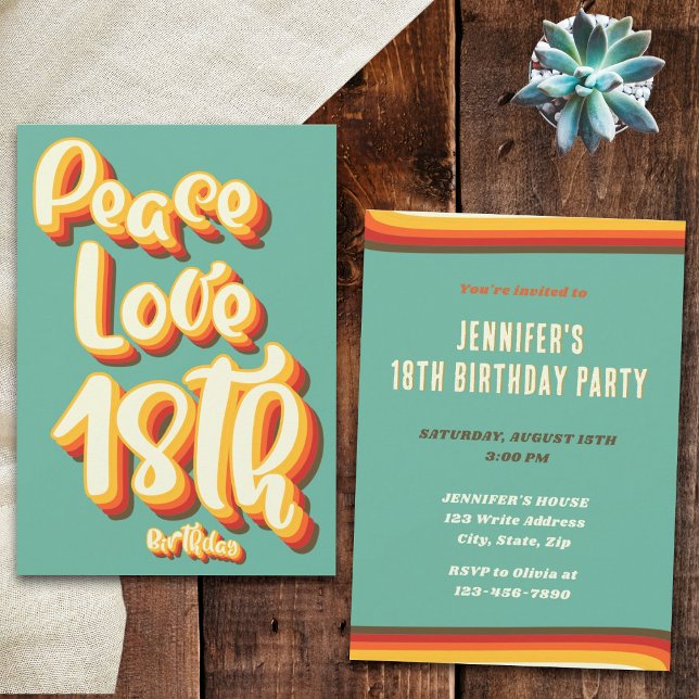 Invitation Anniversaire 18 ans Peace Love Retro Groovy Sunset (Front and Back)