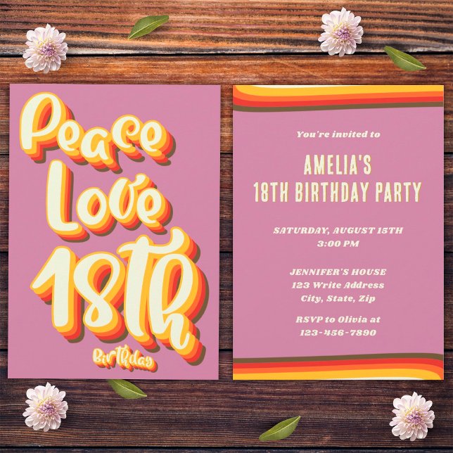 Invitation Anniversaire 18 Ans Peace Love Rose Rétro Groovy C (Front and Back)