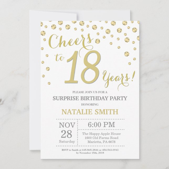 Invitation Anniversaire 18 ans surprise paillettes or diamant (Devant)