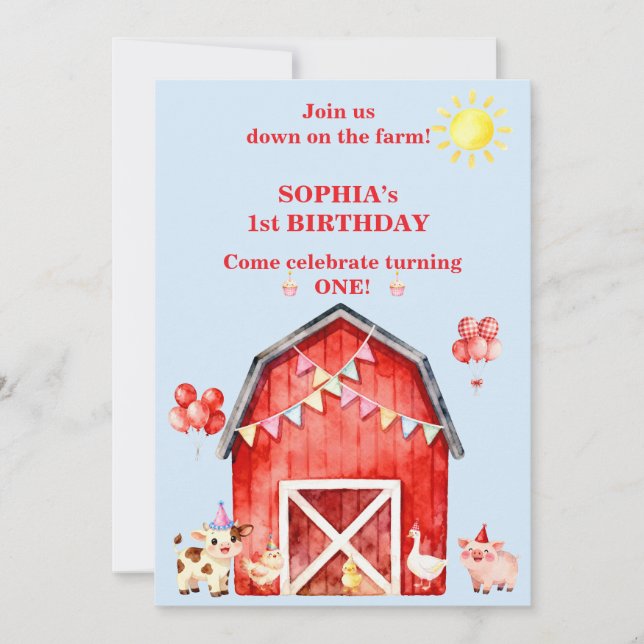 Invitation anniversaire 1 an Animaux de la ferme M (Devant)